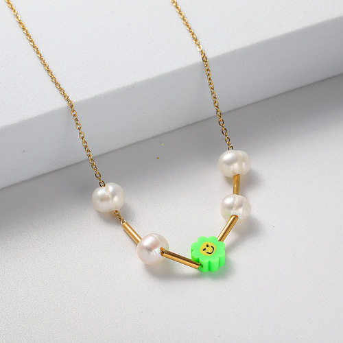 green pendant and pearl gold plate stainless steel necklace for women