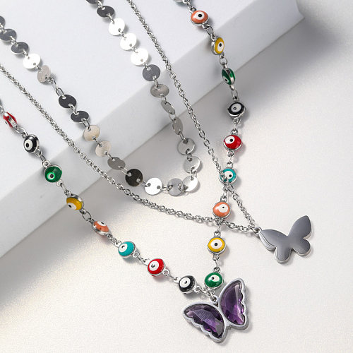 purple butterfly stainless steel necklace for women