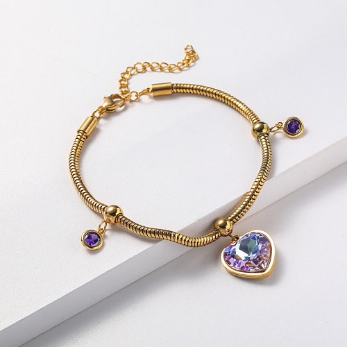 stainless steel gold plate bracelet with crystal pendant