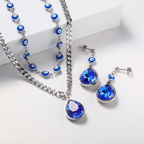 conjunto de jóias de aço inoxidável de cristal azul para mulheres