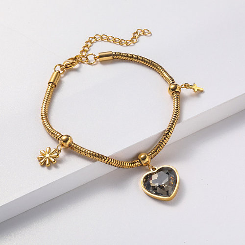 bracelet en acier inoxydable plaqué or avec pendentif en cristal