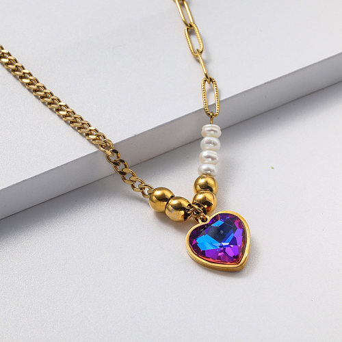 Perle Kristall Anhänger Goldplatte Edelstahl Halskette für Mädchen