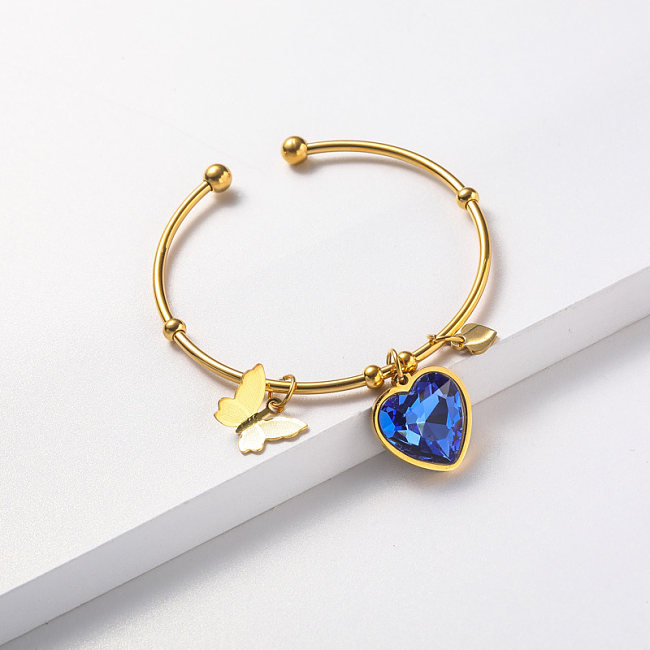 stainless steel gold plate bangle with crystal pendant