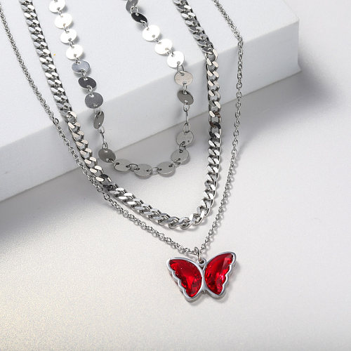 Collier en acier inoxydable avec pendentif papillon en cristal rouge pour mariage