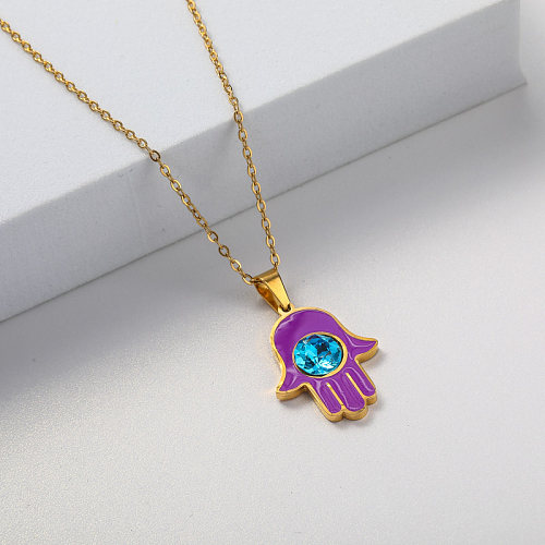 collier plaqué or en acier inoxydable pendentif violet