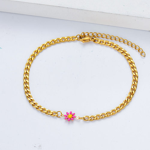 encanto de flor de margarita rosa de moda con pulsera de cadena chapada en oro para mujer