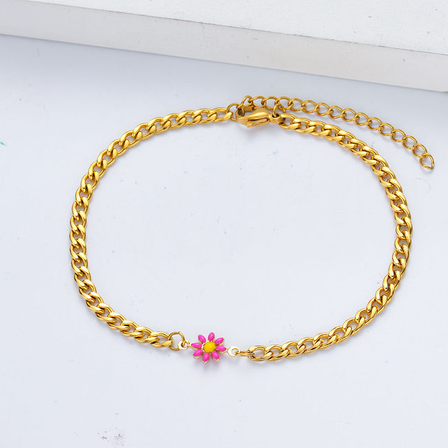 charm de flor de margarida rosa na moda com pulseira de corrente banhada a ouro para mulheres