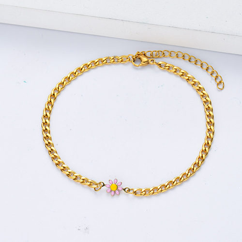 fashion gold plated chain with pink daisy flower bracelet for women