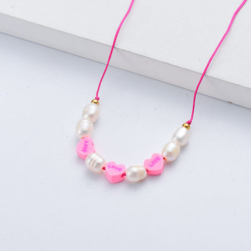 Dainty Tiny Pearl Charm Chain Necklace Pink Heart Pendant Necklace