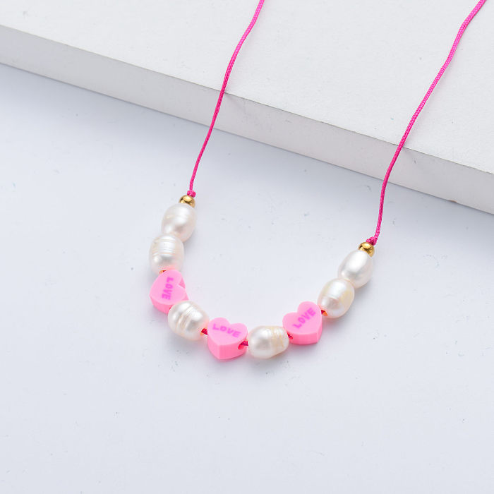 Dainty Tiny Pearl Charm Chain Necklace Collier pendentif coeur rose