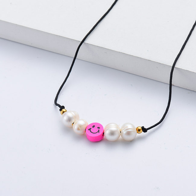 2022 latest design pink smiley charm black rope chain necklace