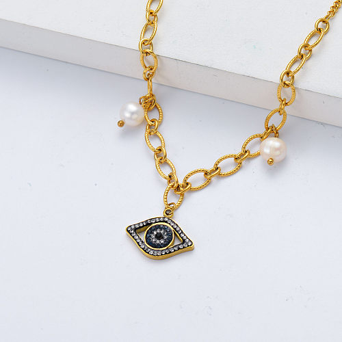 eye pendant and pearl stainless steel necklace for wedding