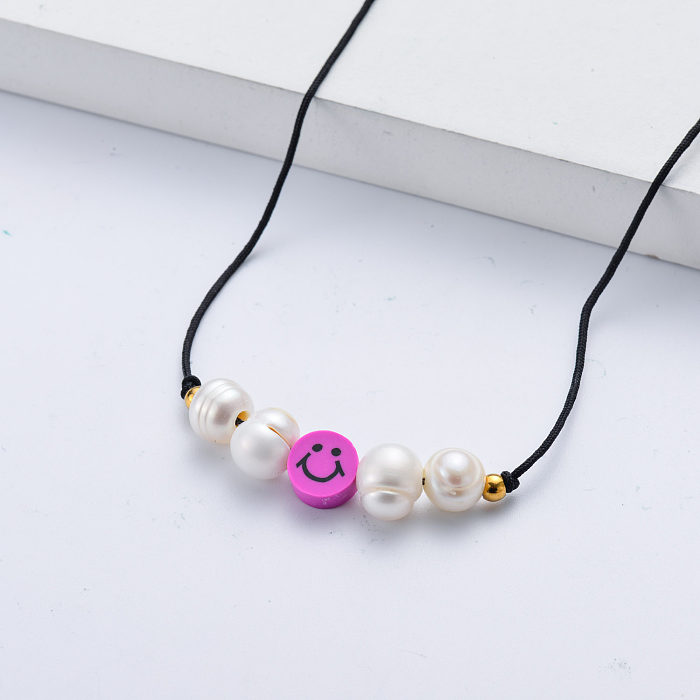 Happy Pink Smiley Face Charm With Pearl Allergy free Rope Chain Necklace