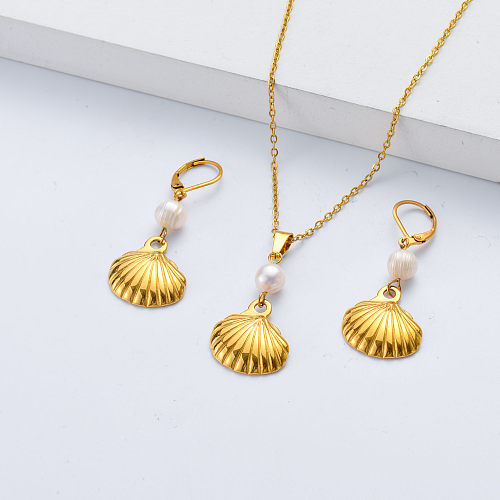 18K Gold Plated Stainless Steel Shell Necklace Earrings Jewelry Set