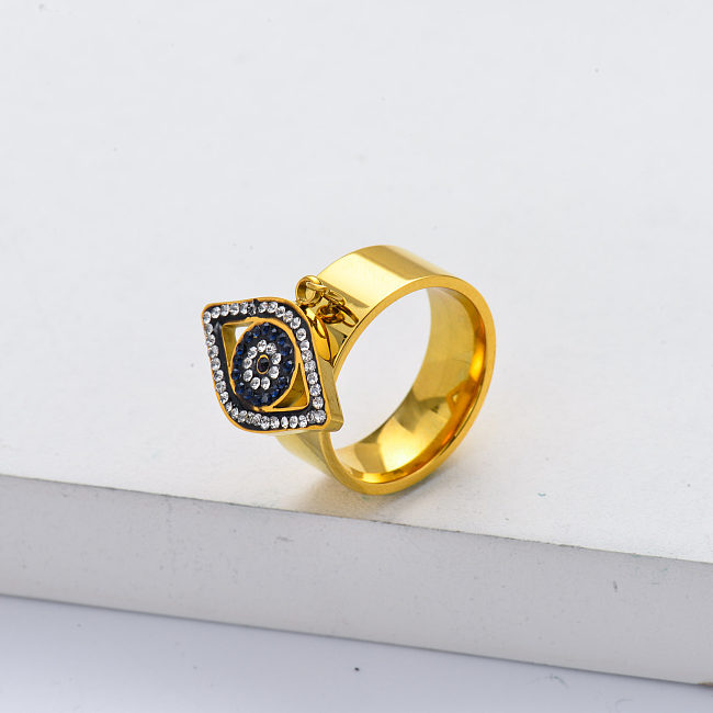 Venta al por mayor, joyería de acero inoxidable de moda, anillo de mal de ojo chapado en oro de 18 quilates