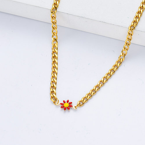 mode plaqué or marguerite rouge fleur charme lien chaîne collier bijoux