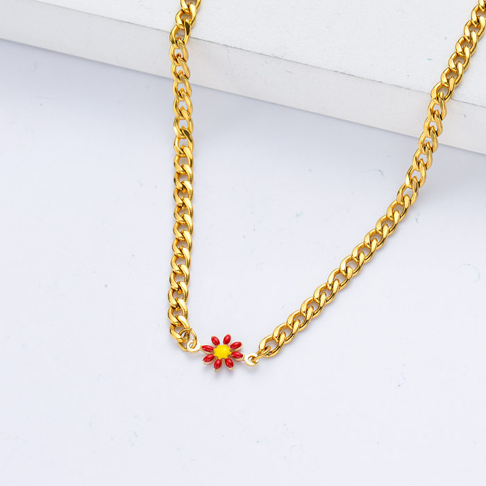 fashion gold plated red daisy flower charm link chain necklace jewelry