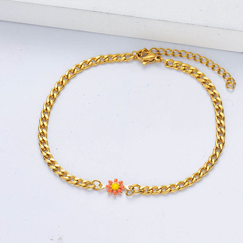 Venta caliente cadena chapada en oro con brazaletes de pulsera de flor de Margarita naranja