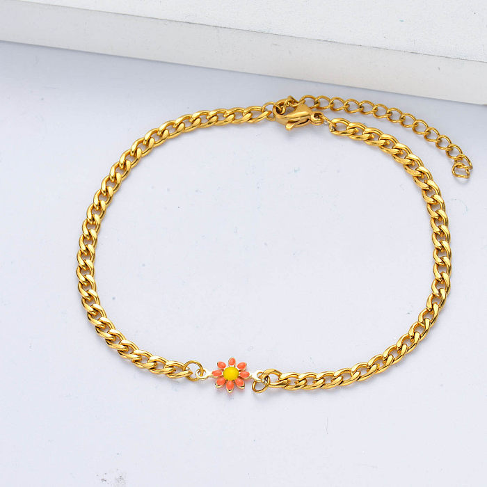 Venta caliente cadena chapada en oro con brazaletes de pulsera de flor de Margarita naranja