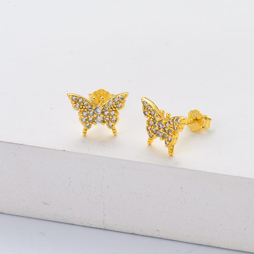 Boucles d'oreilles papillon en or 18 carats et argent S925 pavées de zircone CZ