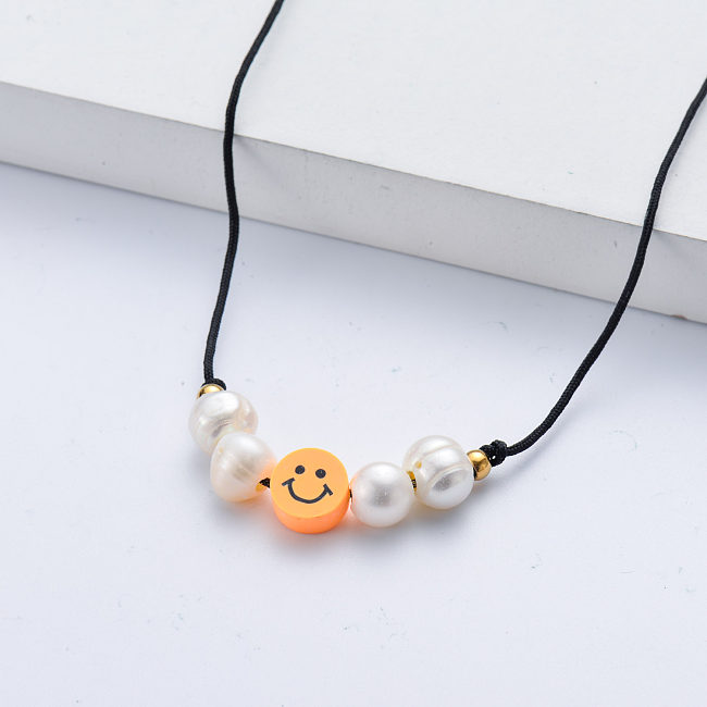 Happy Smiley Face Charm With Pearl Black Rope Chain Necklace