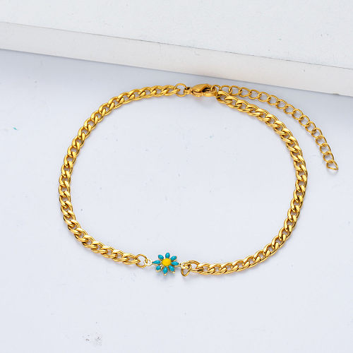 charme de flor de margarida azul personalizado com pulseiras de corrente banhadas a ouro para mulheres