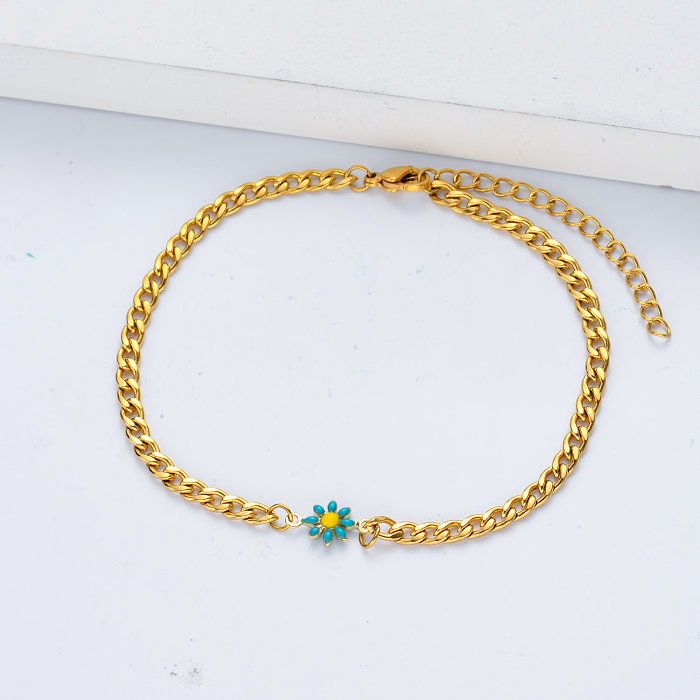 charme de flor de margarida azul personalizado com pulseiras de corrente banhadas a ouro para mulheres