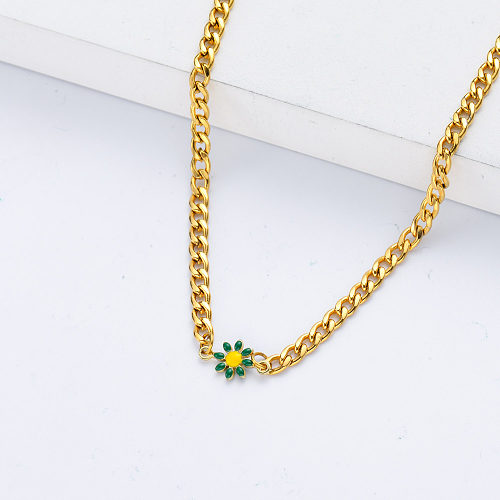vente en gros breloque fleur marguerite verte avec collier chaîne plaqué or pour femme