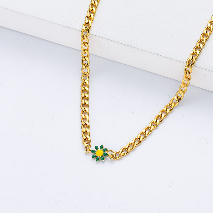 wholesale green daisy flower charm with gold plated chain necklace for women