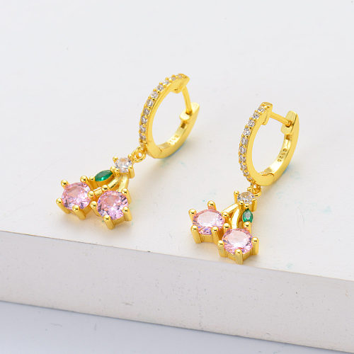 Pink zirconia cherry charm sterling silver hoop earrings for women