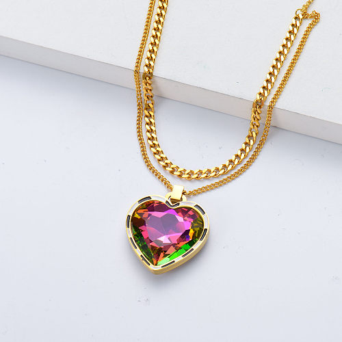 pendentif cristal brillant en forme de coeur collier en acier inoxydable pour fille