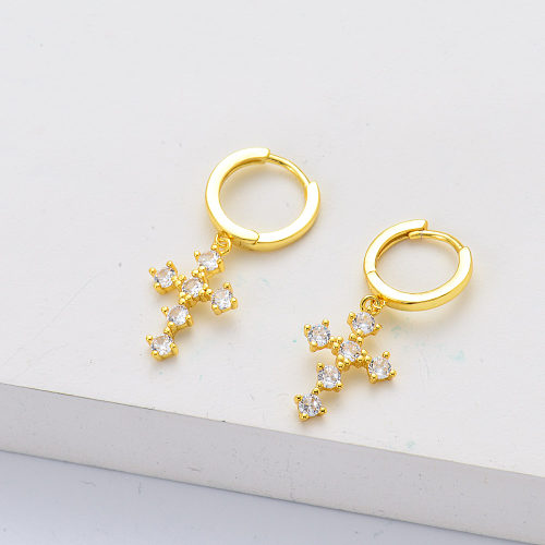 Fashion 925 Sterling Silver Gold Plated  Cross With Zirconia Hoop Earrings