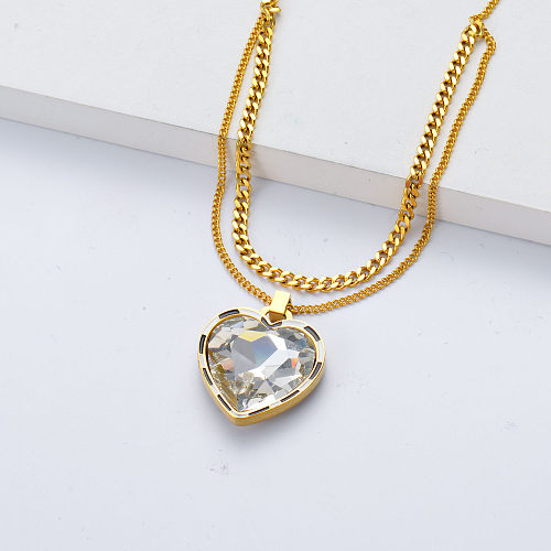 collier en acier inoxydable avec pendentif en forme de coeur en cristal pour fille