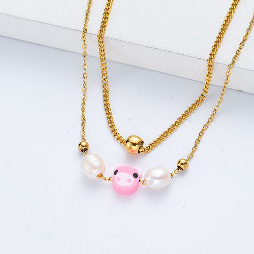 lovely jewelry pink piggy charm with natural pearl gold plated necklace