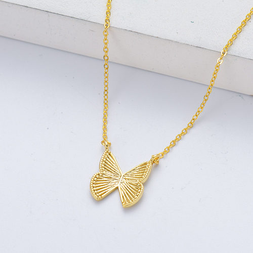 Collar de plata de ley con cadena de eslabones de mariposa chapada en oro de 18 quilates personalizada