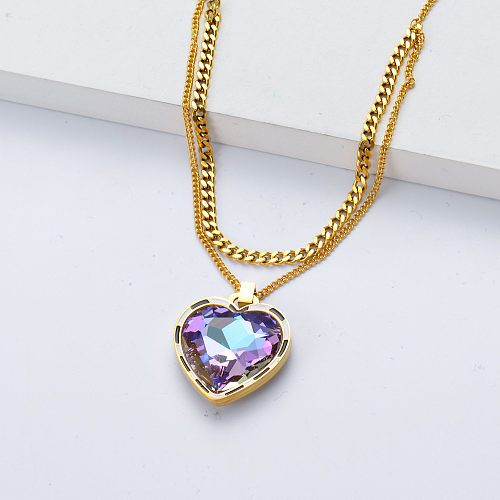 Collier en acier inoxydable avec pendentif en cristal en forme de coeur pour fille