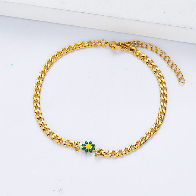 wholesale green daisy flower charm with gold plated chain bracelets for women