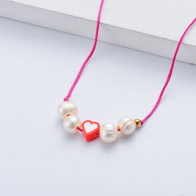 latest design anti-allergy red white heart charm with pearl pink rope chain necklace