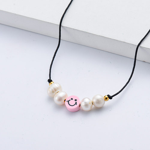 custom jewelry anti-allergy pink smiley charm black rope chain necklace