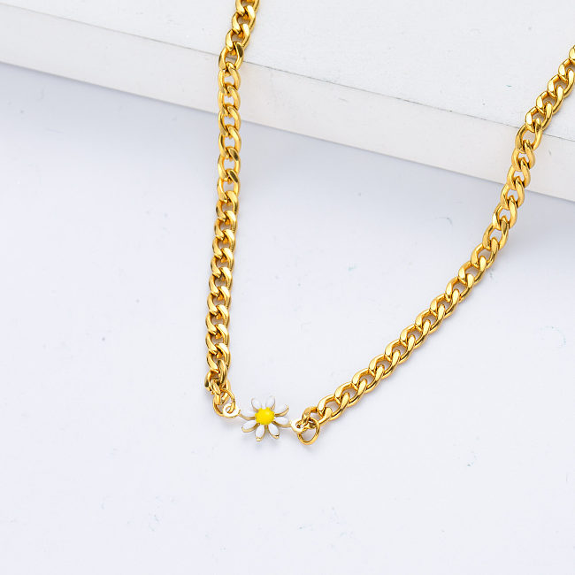 trendy white enamel daisy flower charm stainless steel necklace for women