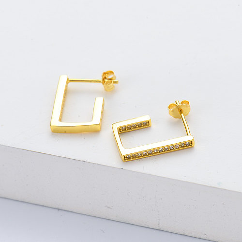Minimalist 18k Gold Plated Rectangle Huggie Hoop 925 Sterling Silver Women Earrings