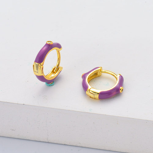 Fashion women 18K gold plated zircon paved 925 sterling silver purple enamel hoop earring