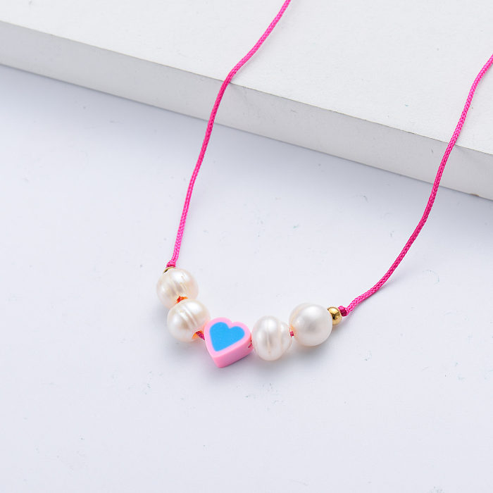 vente chaude coeur bleu rose avec collier de perles naturelles pour l'amitié
