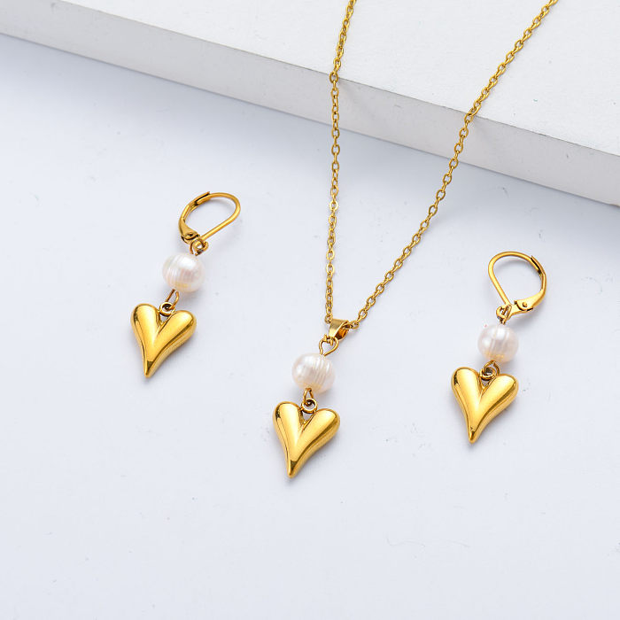 Conjunto de joias de casamento de coração de aço inoxidável simples com pérolas moda