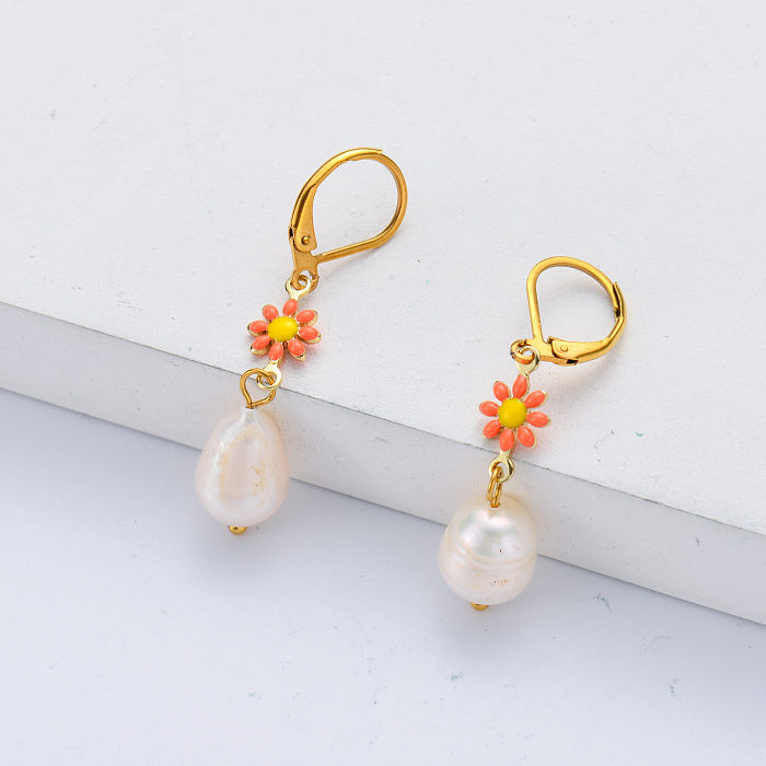 Stainless Steel Freshwater Pearl and Gold Jewelry Statement Earrings
