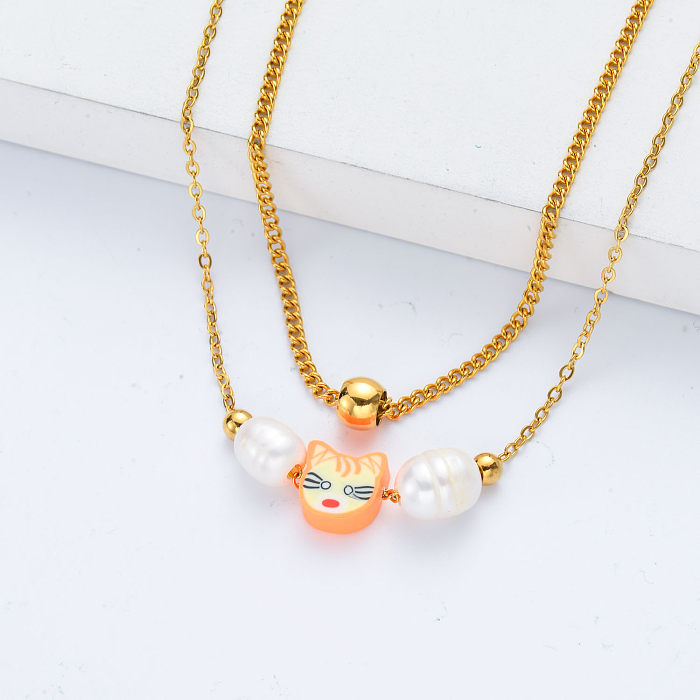 High Quality Gold Plated Stainless Steel Layered Chain Orange Kitty Charm Necklace
