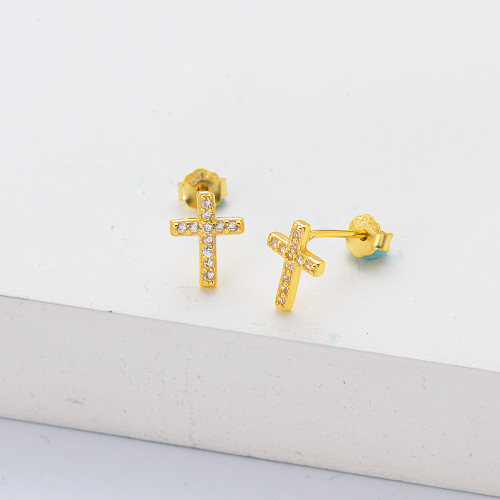 Fashion 925 Sterling Silver Gold Plated  Cross With Zirconia Stud Earrings