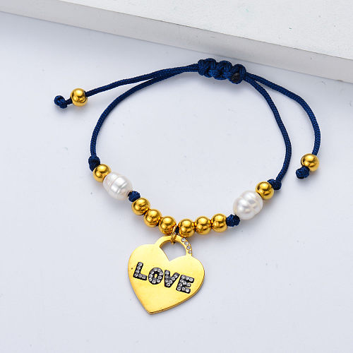 love pendant blue bracelet with pearl and metal ball