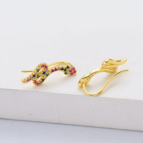 18k Gold Plated Snake Charm With Colorful Zirconia 925 Sterling Silver Ear Stud Earrings