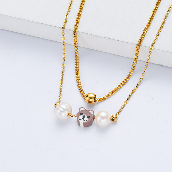 Cute Bear Charm With Freshwater Pearl Layered Necklace Jewelry